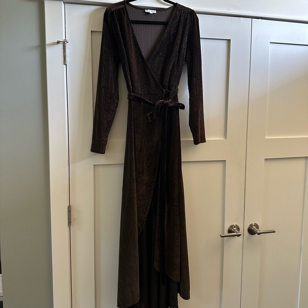 Dark Brown shimmer Baltic Born wrap dress. Shorter in front longer in back.